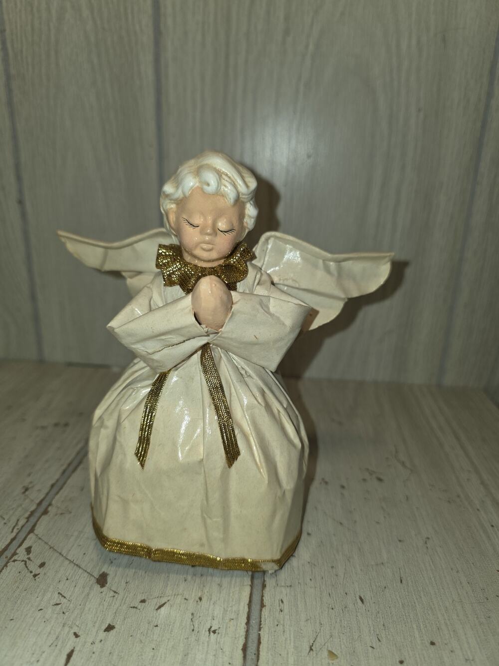 Vtg Paper Mache Folk Art Angel Christmas Handmade Table Figure White Holiday